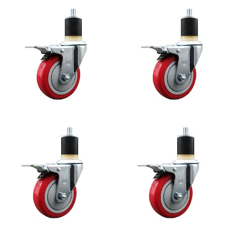 Service Caster 4'' SS Red Poly Swivel 1-7/8'' Expanding Stem Caster Set Total Lock Brake, 4PK SCC-SSEXTTL20S414-PPUB-RED-178-4